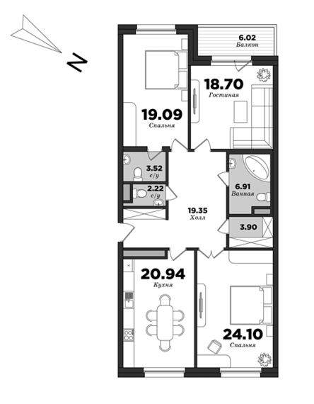 Krestovskiy De Luxe, Building 10, 3 bedrooms, 121.74 m² | planning of elite apartments in St. Petersburg | М16
